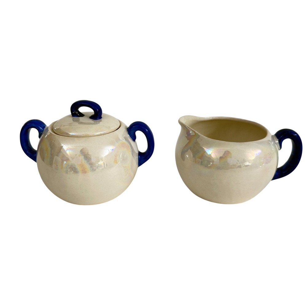 Vintage Czechoslovakia Lusterware Sugar Bowl Creamer Set Cobalt Blue Handles